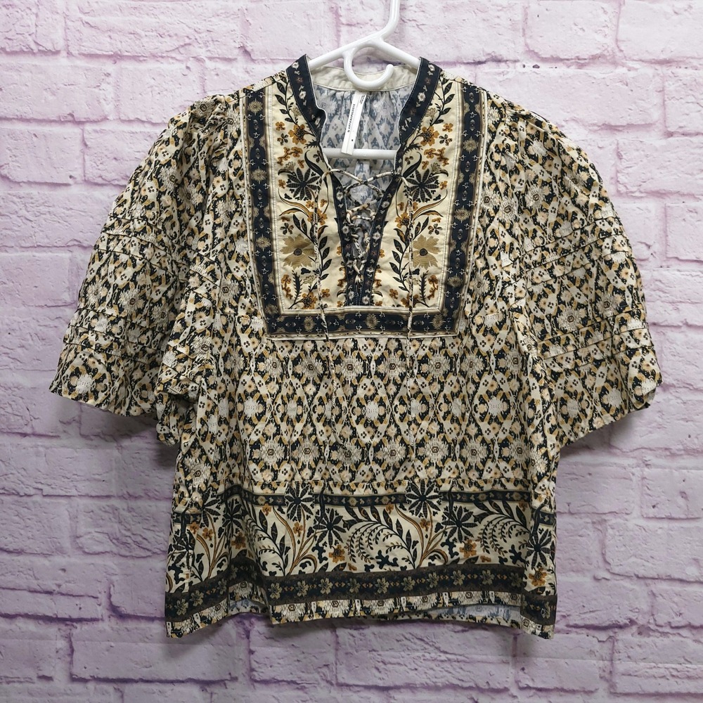 Anthropologie‎ Boho Floral Lace Up Blouse M Peasant Cottagecore Folk Tribal